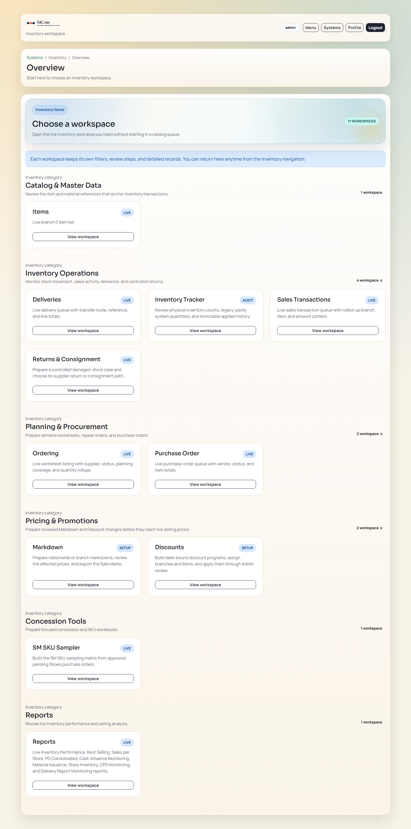 znSuite zInventory overview workspace